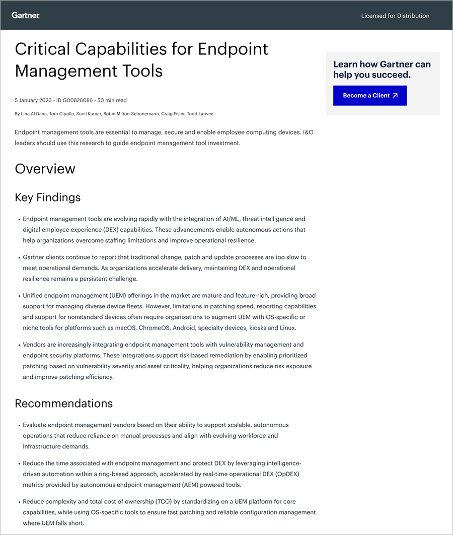 2026 Gartner® Critical Capabilities for Endpoint Management Tools