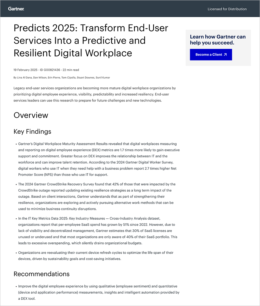 Predicts 2025: Transform End-User Services Into a Predictive and Resilient Digital Workplaces